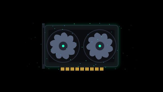 Graphic illustration of a computer graphics card with spinning cooling fans