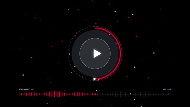 Circular audio music player interface with streaming live waveform on dark