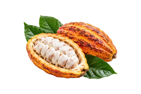 Ripe cacao pod cut open to reveal fresh white cocoa beans with whole cacao fruit and green leaves isolated on a clean white background.