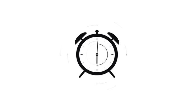 Animated ringing alarm clock with fast spinning hands showing time passing