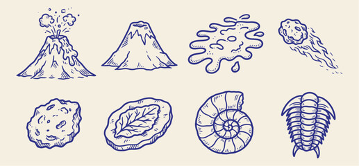 Set of blue line art vector icons depicting prehistoric era, geology, and fossils on white © Future
