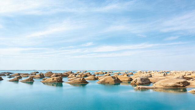 A serene landscape of yardang rock formations rising from clear turquoise water under a bright blue sky with wispy clouds.