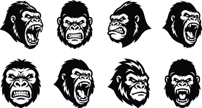 Set of eight aggressive gorilla head in black and white style for sports