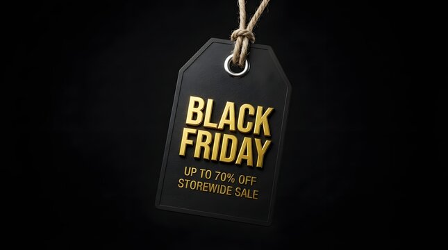 Black friday sale tag with gold 3d lettering and up to 70 percent off text isolated on black background