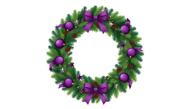 Festive Christmas wreath made of lush emerald green evergreen branches, decorated with rich purple ornaments, violet ribbons, small silver berries, pinecones and delicate star accents.