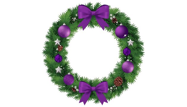 Festive Christmas wreath made of lush emerald green evergreen branches, decorated with rich purple ornaments, violet ribbons, small silver berries, pinecones and delicate star accents.