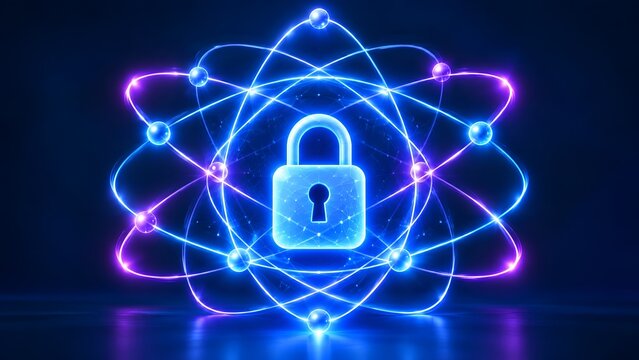 Advanced quantum cryptography digital padlock surrounded by glowing atomic network security orbits