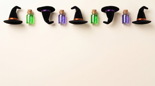 Minimalist Halloween background featuring an overhead arrangement of alternating small black witch hats and glass potion bottles filled with glowing green and purple liquids along the top ed