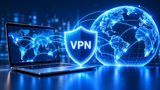 Virtual private network application on laptop computer with glowing global internet connection shield