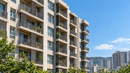 Fototapeta premium Apartment building with exterior louvers for passive cooling