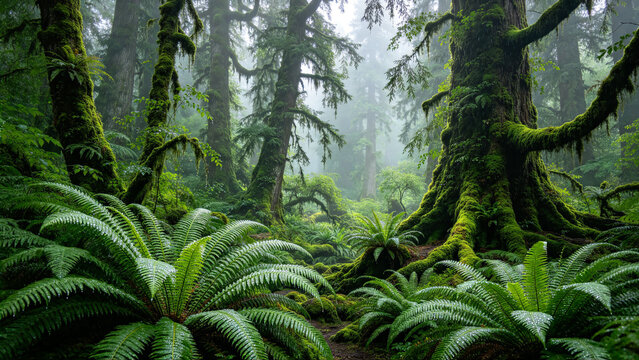 Foggy temperate rainforest with giant ferns and mossy trees