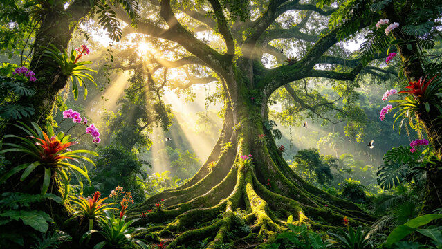 Tropical rainforest with massive kapok tree and buttress roots