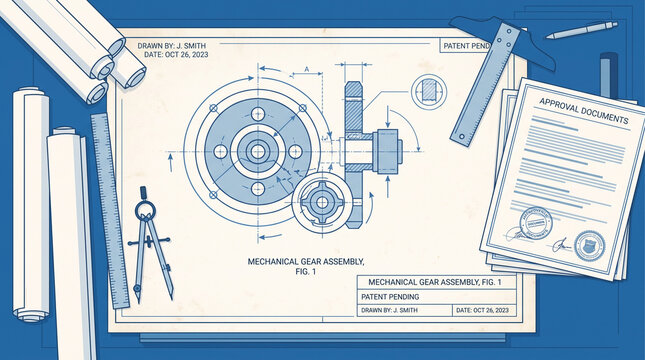 Mechanical gear assembly blueprint with drafting tools and approval documents