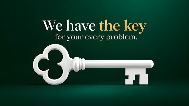 White vintage key with problem solving text on dark green background