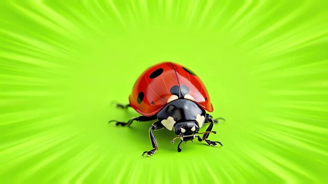 Dolly shot moving towards a seven-spotted ladybug on a bright green screen, showcasing its charming movements and the contrast of colors in a playful and engaging manner