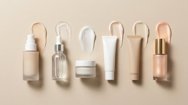 Cosmetic bottles and tubes with makeup foundation smears on a beige background. primer product comparison