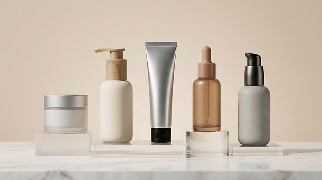 Set of various cosmetic skincare bottles and tubes on marble display pedestals. primer product comparison