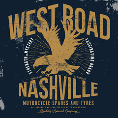 Vintage style tshirt graphic design with eagle illustration, west road nashville typography, and distressed texture for apparel printing © MDNORUL