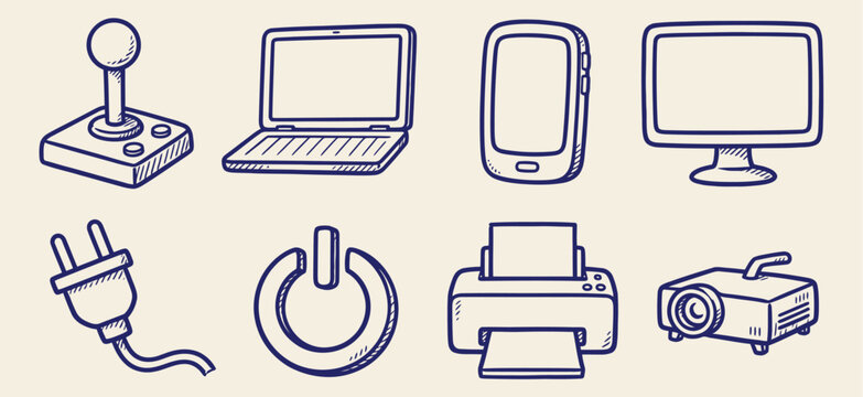 Hand drawn technology and office icons set featuring joystick laptop phone monitor plug power printer projector