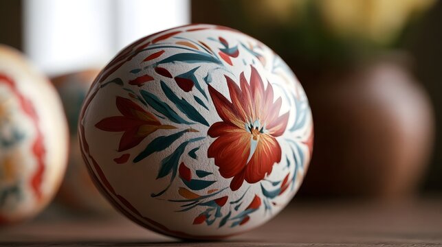 A beautifully decorated Easter egg with vibrant floral patterns in red  blue  and orange  resting on a wooden surface with soft background blur