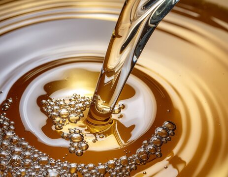 黄金色の透明な液体に広がる波紋と気泡、光沢と屈折が美しいハニーシロップのマクロクローズアップ