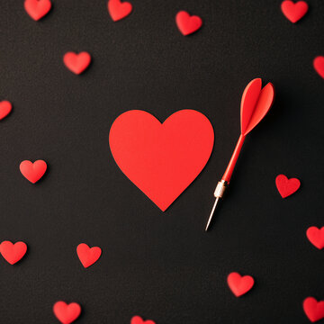 Red heart-shaped dart on dark background with scattered hearts, romantic Valentine&rsquo;s Day concept