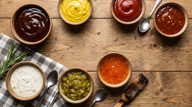 Various colorful sauces and dressings in small bowls arranged on a rustic wooden table from above. BBQ condiment ideas