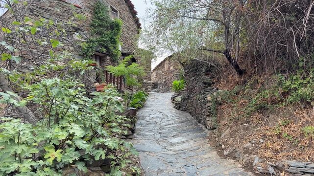 Patones stone houses and cobblestone street in patones de arriba