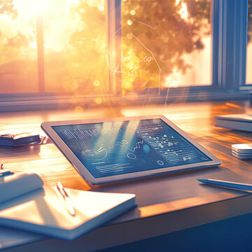 Generic tablet on a student desk displaying an abstract personalized learning dashboard, books, and warm afternoon light, with no logos or real UI.