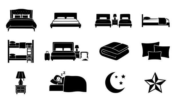 Black silhouette icon set of bedroom and sleep items including double bed, bunk bed, hotel room, pillows, nightstand lamp and crescent moon vector