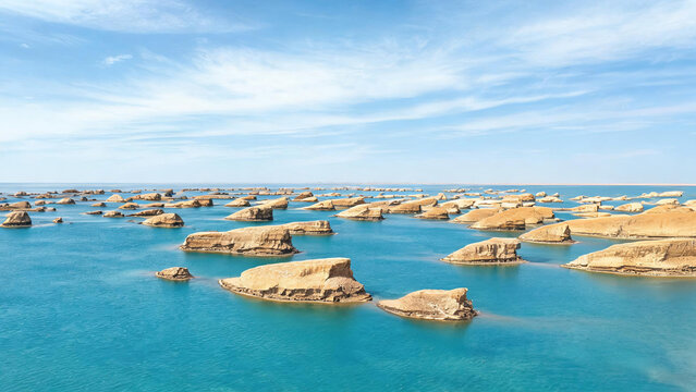 A vast lake with scattered yardang rock formations under a clear blue sky, showcasing unique water-eroded geological landscapes.
