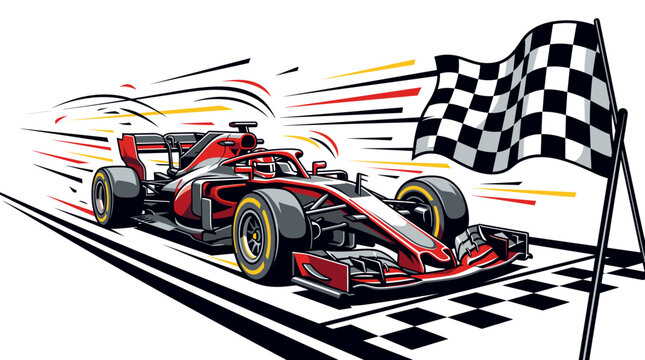 Modern Red Formula 1 Racing Car Crossing the Finish Line with Waving Checkered Flag, High-Speed Motion Illustration with Dynamic Speed Lines and Professional Motorsports Design