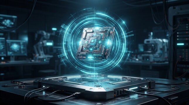 Glowing microchip processor floating above a server platform in a