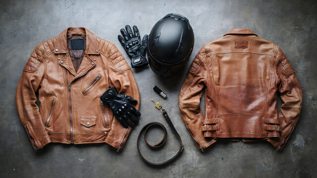 Brown leather motorcycle jackets shown from front and back with a black helmet, leather gloves, a belt, and keys on a grey concrete floor