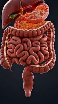 Human Digestive System Anatomy 3D Illustration Showing Stomach, Liver, Pancreas, and Intestines with Gastrointestinal Pathway
