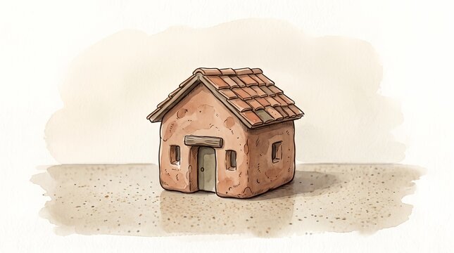 Small mud house watercolor illustration on textured beige background