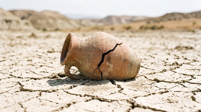 Broken clay jug lying on dry cracked earth in arid desert landscape