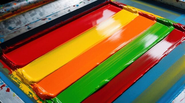 Bright acrylic ink colors spread across screen printing mesh. Red, yellow, orange, green, blue paint layers create rainbow pattern using metal squeegee. Professional textile printing process in