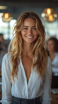 Confident smiling young woman in white blouse standing in modern office environment with soft bokeh background lighting