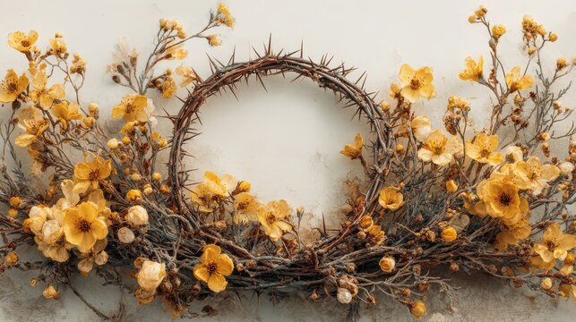 easter crown thorns yellow florals center frame white background religious symbol spring minimal design circular wreath empty copy space delicate floral decoration spiritual concept