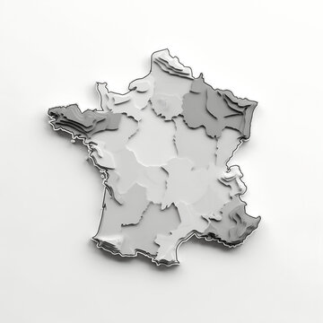 A detailed, layered topographic map of France in shades of gray, isolated on white background. Ideal for illustrating geography, travel, or national data concepts.
