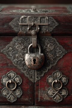 korean furniture cabinet wood metal lock floral filigree pattern symmetry traditional craftsmanship dark cherry wood antique hardware ornate design closeup studio lighting detailed texture