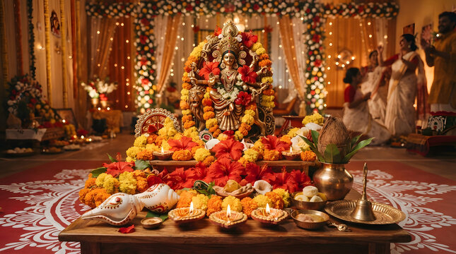 Hindu durga puja ceremony with goddess durga, floral decorations and traditional offerings