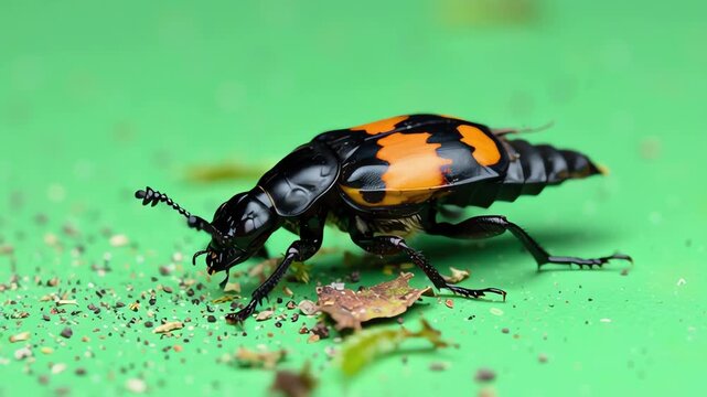 Gentle dolly shot of a carrion beetle exploring a green screen surface, highlighting its shiny exoskeleton under soft lighting, emphasizing its role in nature.