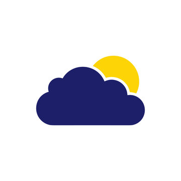 A yellow sun is partly hidden by a dark blue cloud. This flat design icon signifies partly cloudy weather.