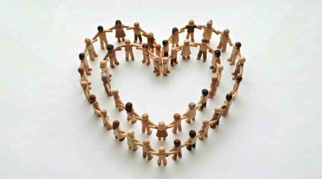 mall connected human figures forming a heart shape, love and human connection concept, pure white background