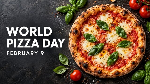 World pizza day february 9 vertical banner featuring classic margherita pizza with melted mozzarella fresh basil and tomatoes on black stone slate background