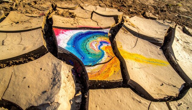 Vibrant swirling colors painted on the surface of deeply cracked dry earth