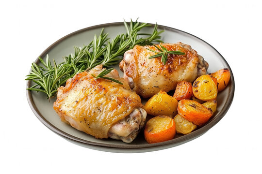 Roasted chicken thighs served with potatoes, carrots, and rosemary on a plate. Savory homemade meal isolated against a black background.