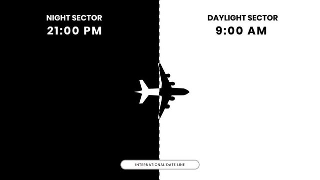 Airplane flying through global day and night time zone animation with worldwide map flight path